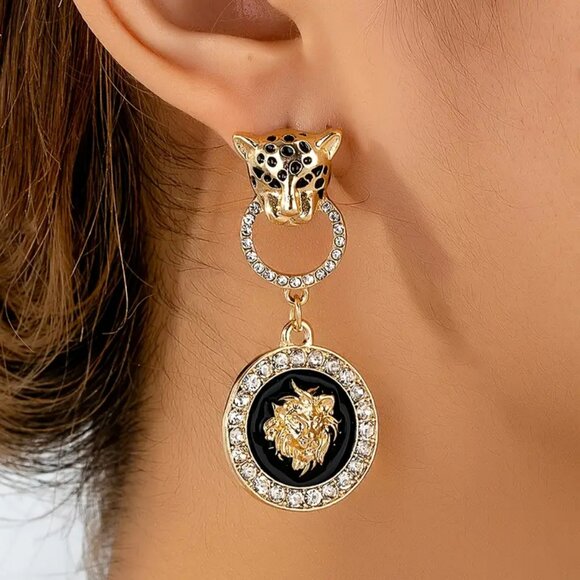 NEW! ELEGANT Leopard & LION HEAD DROP EARRING - Picture 3 of 6